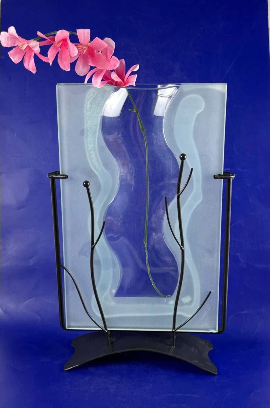 Modern Fused Art Glass Vase Frosted Wavy Clear Black Metal Stand Abstract 13.5